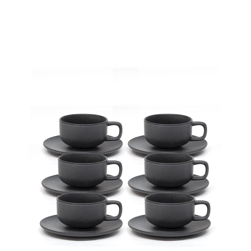 Hue Tea Cups & Saucers 200mL - Set Of 6 - Black 1 Hue Tea Cups & Saucers 200mL - Set Of 6 - Black