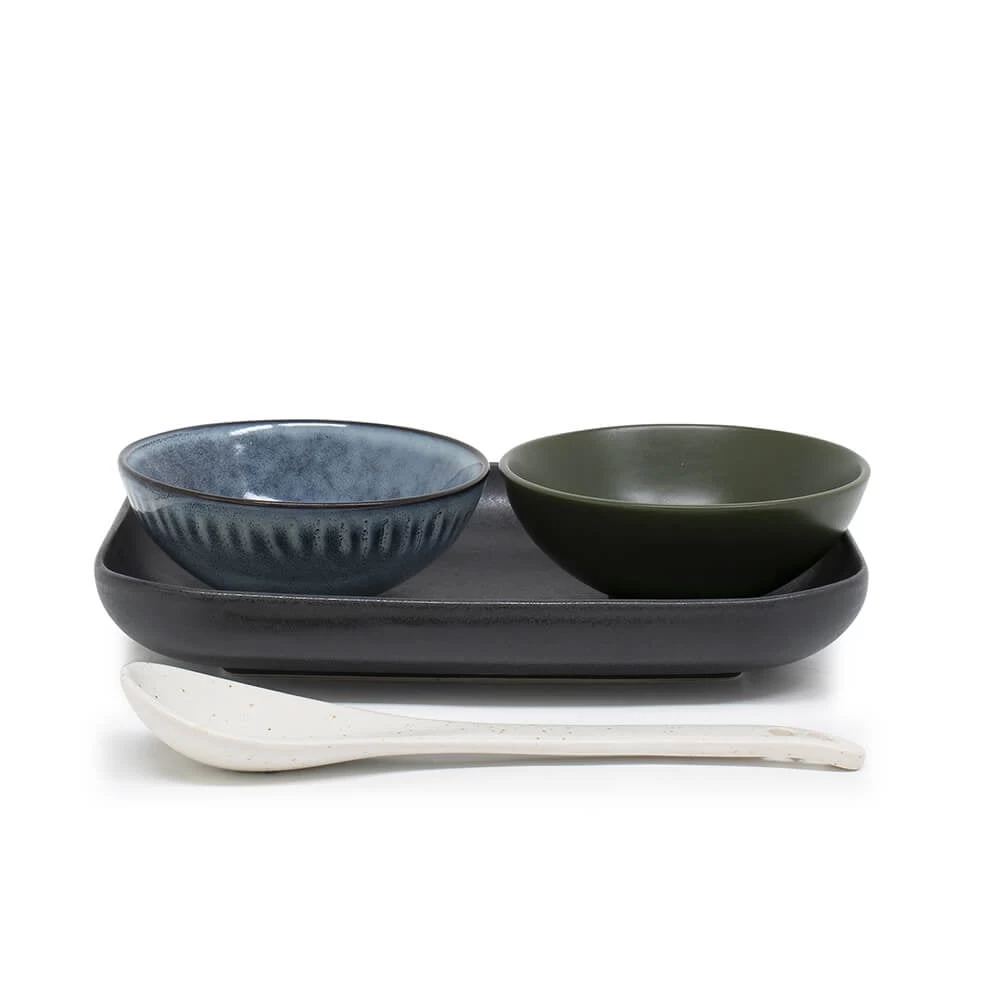 Osaka Side Plate With Rice Bowls & Spoon - 4 Piece - Black 1 Osaka Side Plate With Rice Bowls & Spoon - 4 Piece - Black