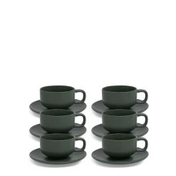 Hue Tea Cups & Saucers 200mL - Set Of 6 - Kelp
